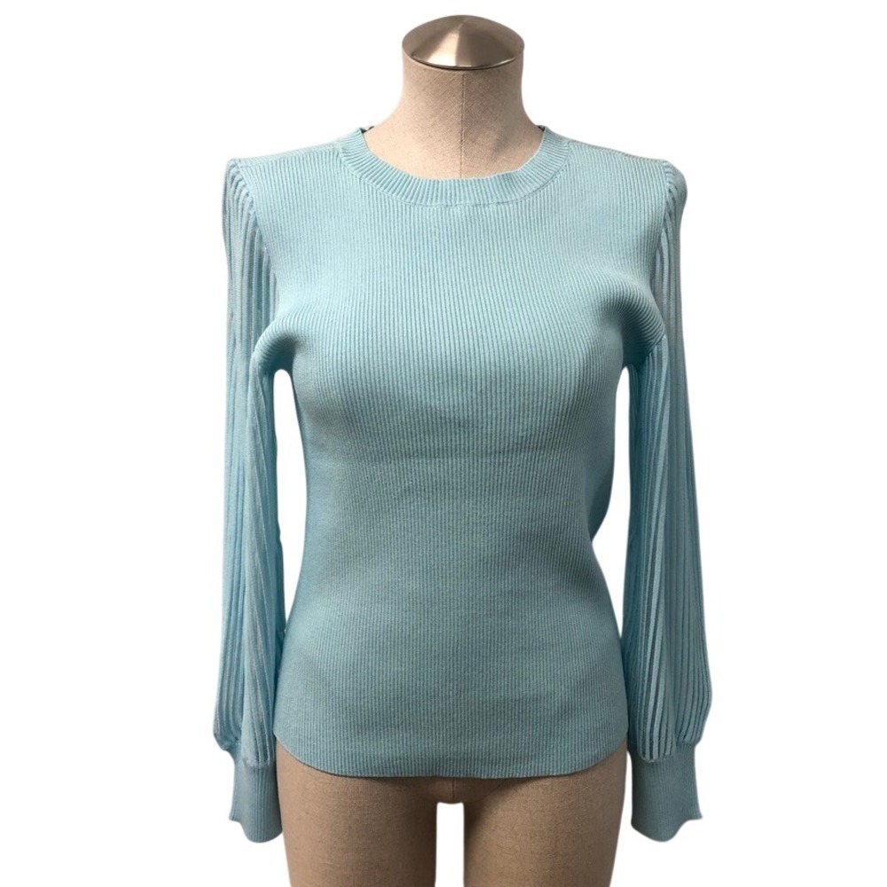 Halogen Sweater Womens Medium Iced Aqua Sheer Ribbed Sleeve Classic Office